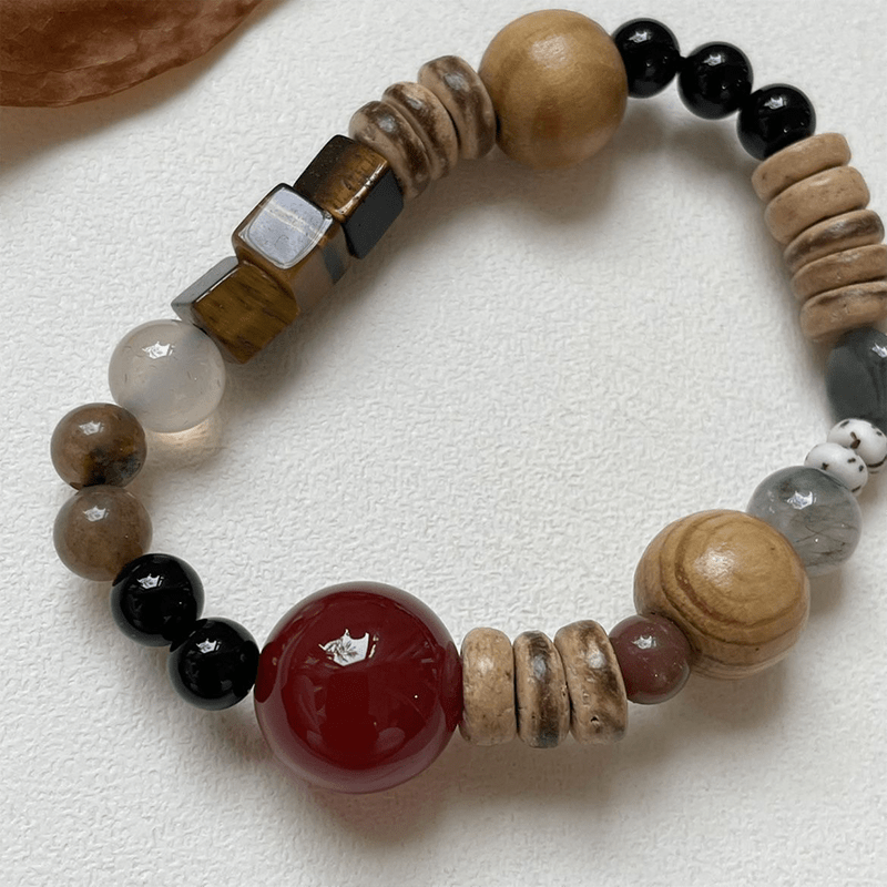 Colorful Tiger Eye Stone & Wooden Bead Bracelet - Buddha Nature