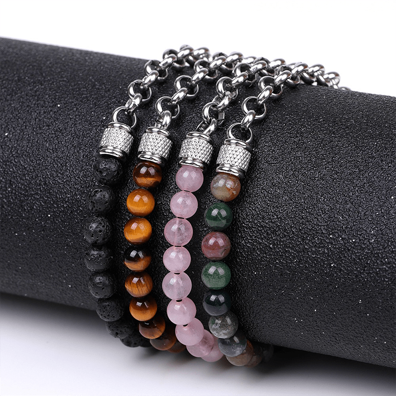 Stainless Steel Chain & Silver Sheen Obsidian Bracelet - Buddha Nature