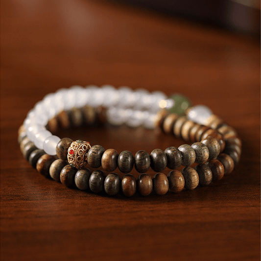 White Agate & Green Sandalwood Abacus Bead Bracelet - Buddha Nature